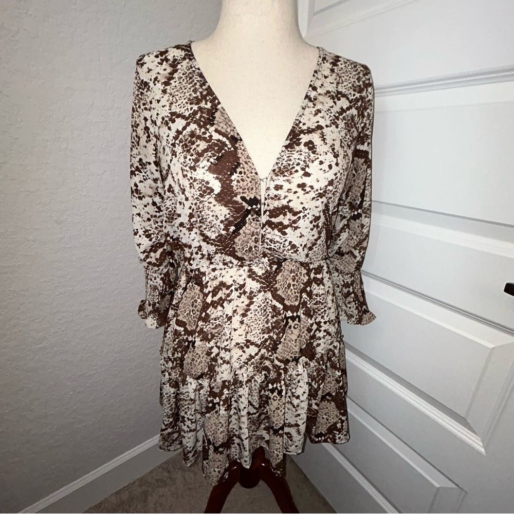 Buddy Love Paltrow Snakeskin Print Ruffle Smocked A-Line Mini Dress